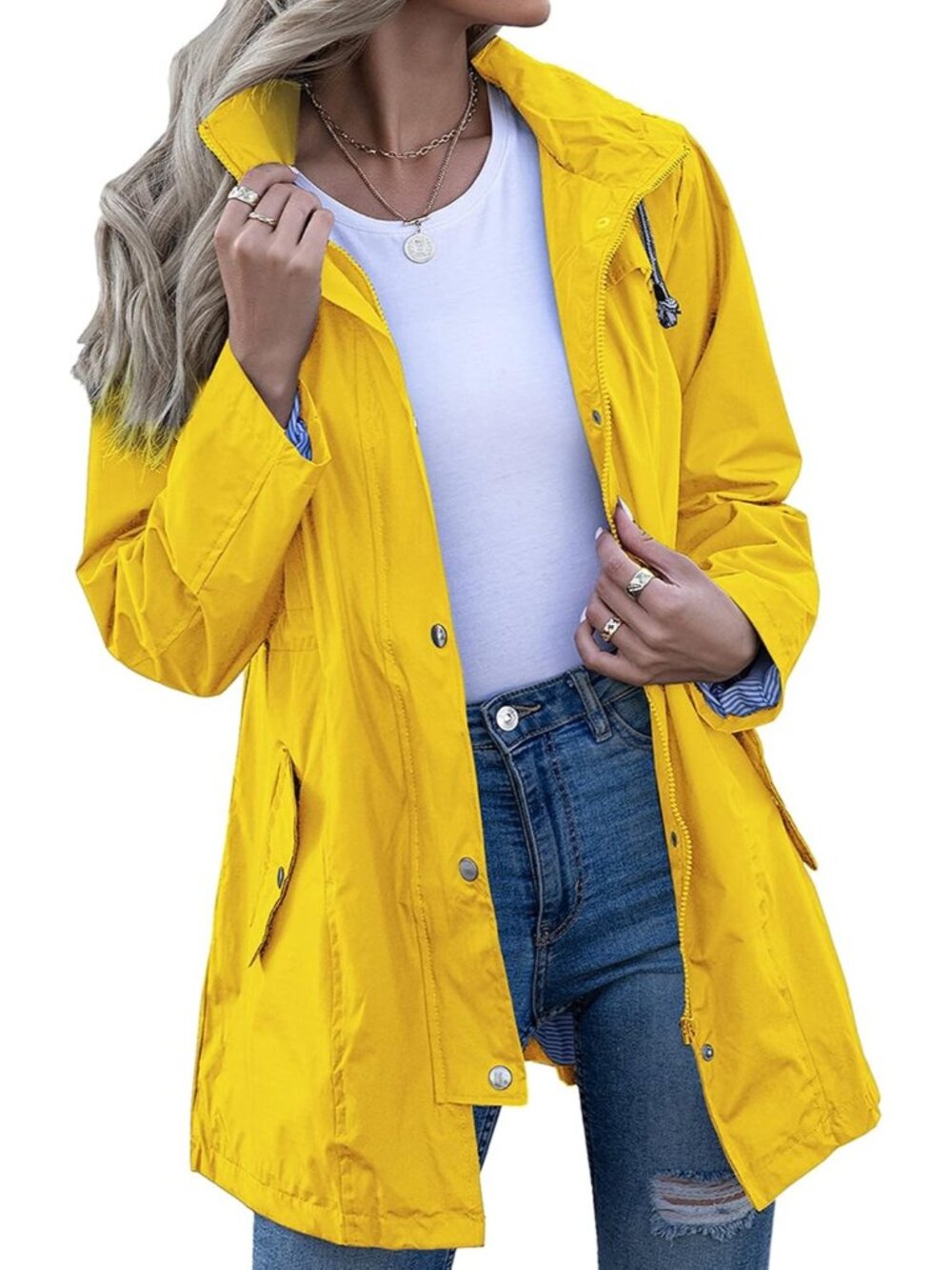 Womens Yellow Hooded Striped Lined Waterproof Active Hiking Packable Rain Jacket